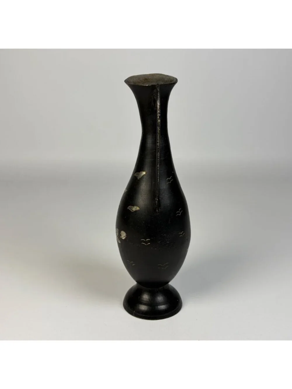 Vintage Black Metal Pitcher Vase Floral Engraving Thin Handle Decorative Piece